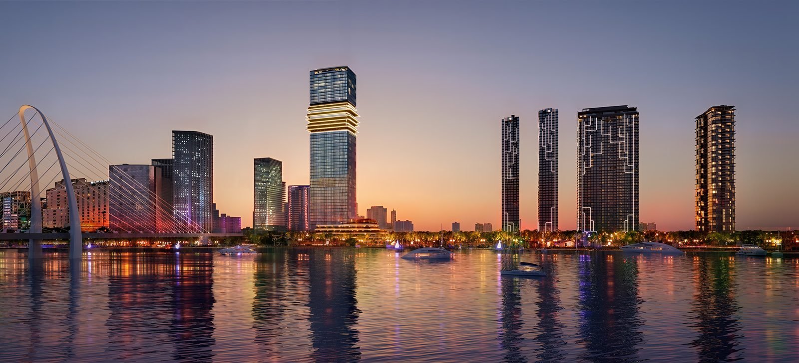 Grand Marina Saigon nhìn từ sông Sài Gòn lúc hoàng hôn
